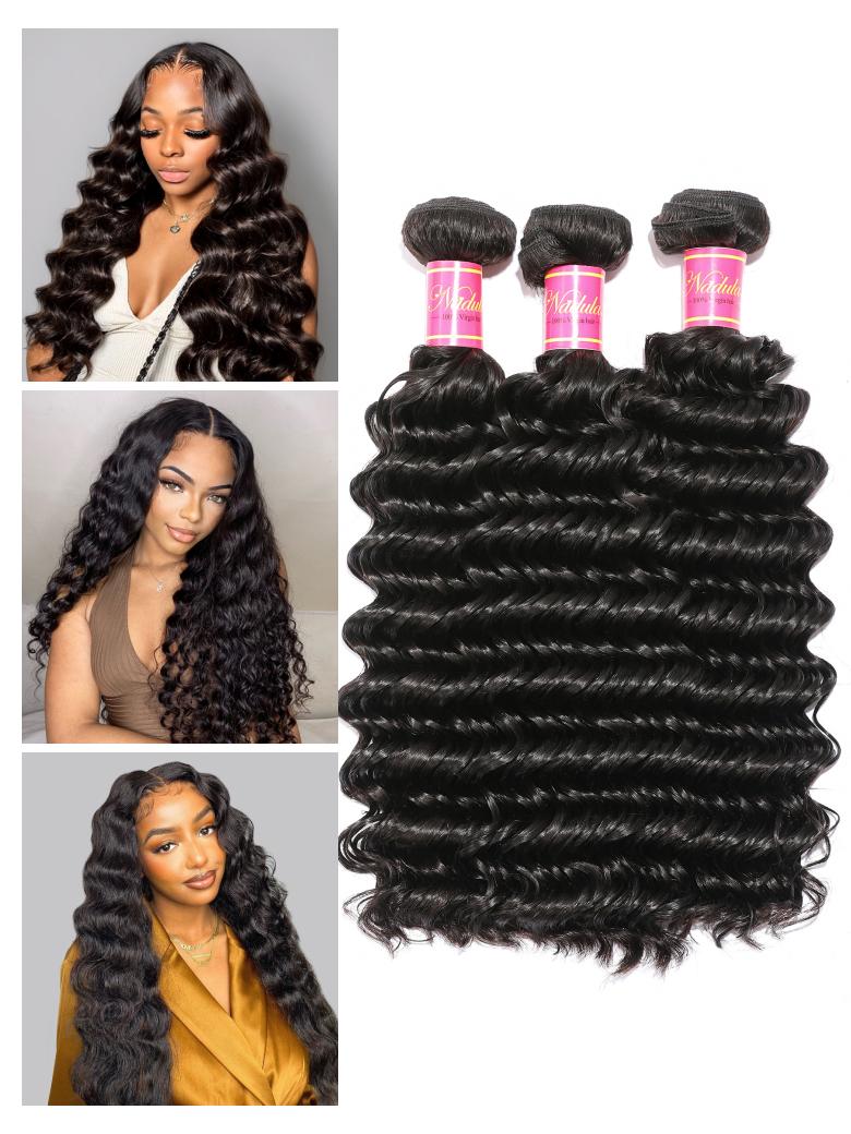 
        Nadula Brazilian Hair Deep Wave Virgin Hair 3 Bundles With 4 By 4 inch Lace Closure Bouncy Human Hair    