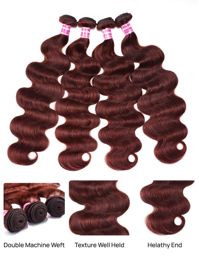 Nadula Reddish Brown Body Wave 3 and 4 Bundles with Closure Real Human Hair Bundles with Lace Closure