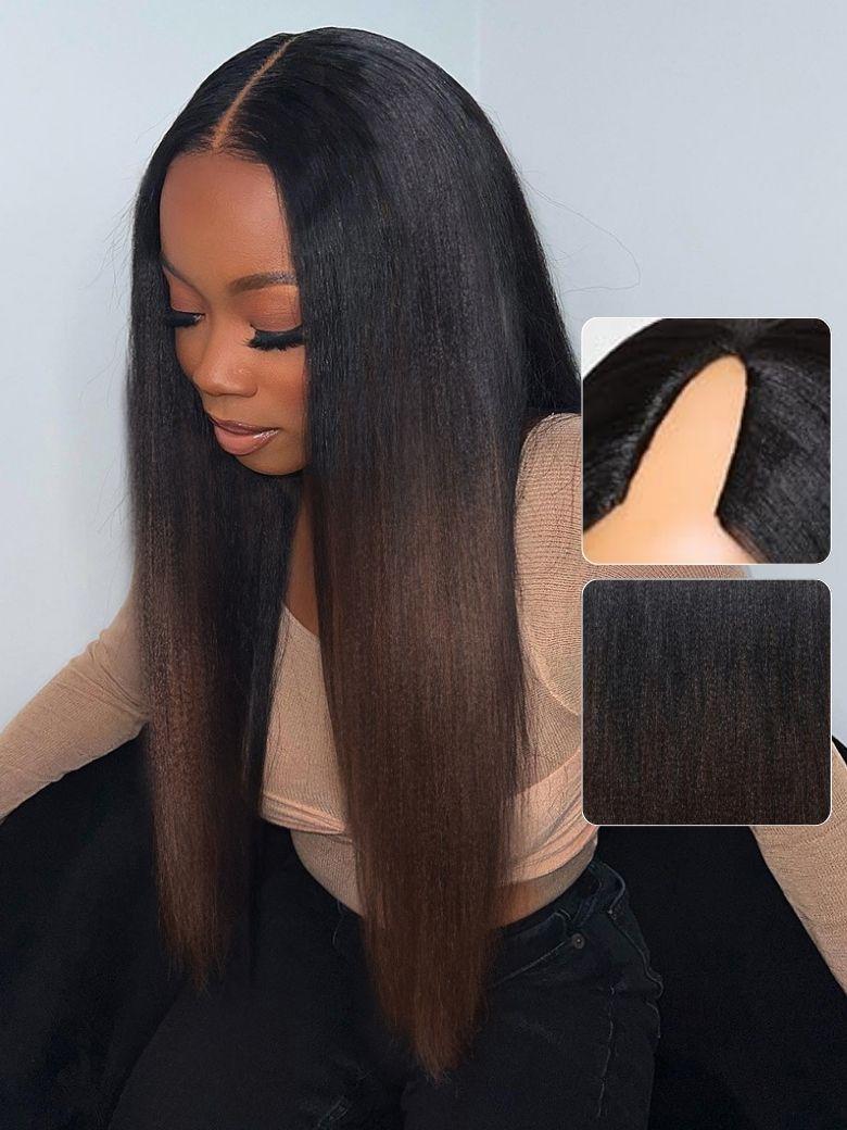 
    Nadula Lifesaver V Part Yaki Straight Chestnut Brown Ombre Color Lightweight Glueless Human Hair V Part Wigs