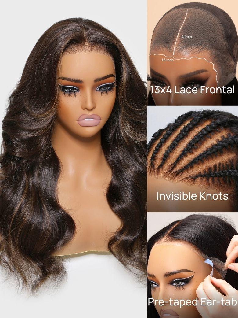 
    Nadula Mocha Brown Highlight Wig 13x4 Pre-everything Loose Body Wave Wig Chocolate Brown with Caramel Highlights