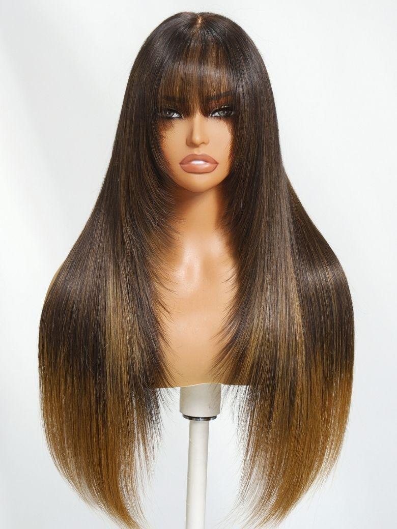 
    Nadula 7x5 Ombre Blend of Brown to Blonde Straight Wig with Bangs Face-Framing Layered Cut Human Hair Wigs Insivi Knots