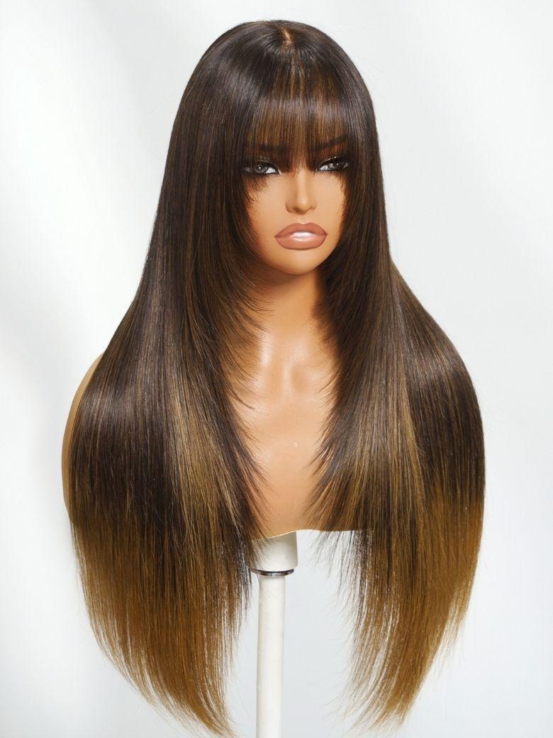 
    Nadula 7x5 Ombre Blend of Brown to Blonde Straight Wig with Bangs Face-Framing Layered Cut Human Hair Wigs Insivi Knots