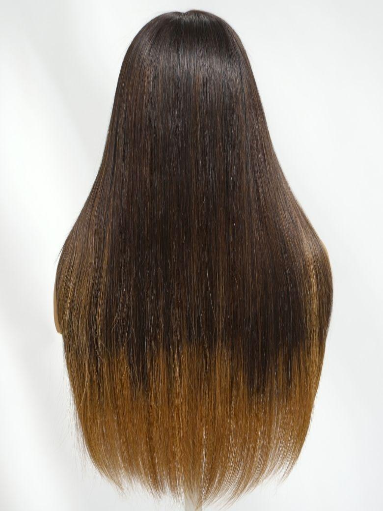 
    Nadula 7x5 Ombre Blend of Brown to Blonde Straight Wig with Bangs Face-Framing Layered Cut Human Hair Wigs Insivi Knots