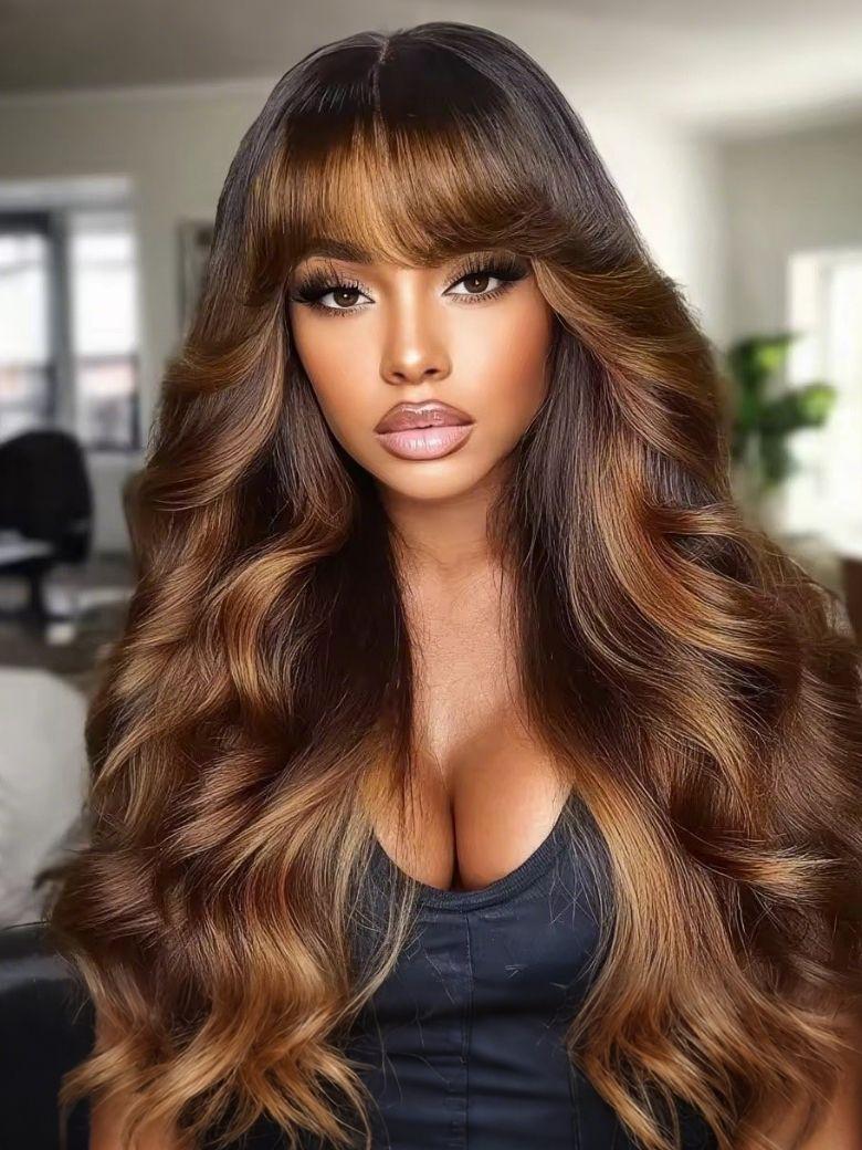 
    Nadula 7x5 Face-Framing Brown Highlight Wig with Bangs Bye Bye Knots 3D Body Wave Put on and Go Wigs