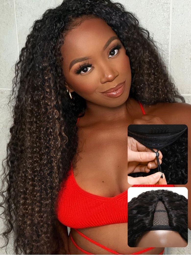 
    Nadula EasiContour™ Curly V Part Wig Chestnut Brown Ombre Color Glueless V Part Human Hair Wigs with Invisi Drawstring