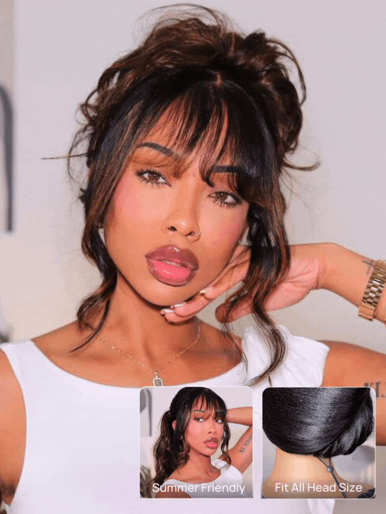 
    Nadula 7x5 Ombre Blend of Brown to Blonde Straight Wig with Bangs Face-Framing Layered Cut Human Hair Wigs Insivi Knots