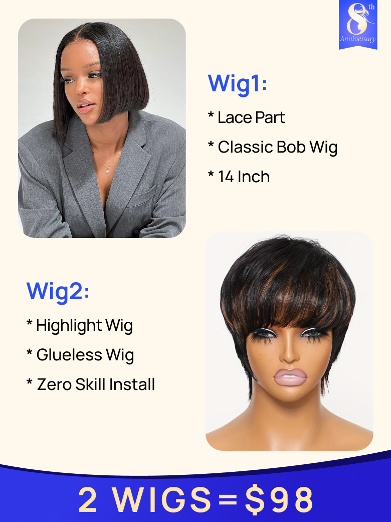 $98= 2 Wigs | Nadula 14 Inch Lace Part Wig and 150% Density Highlight Glueless Bob Wig