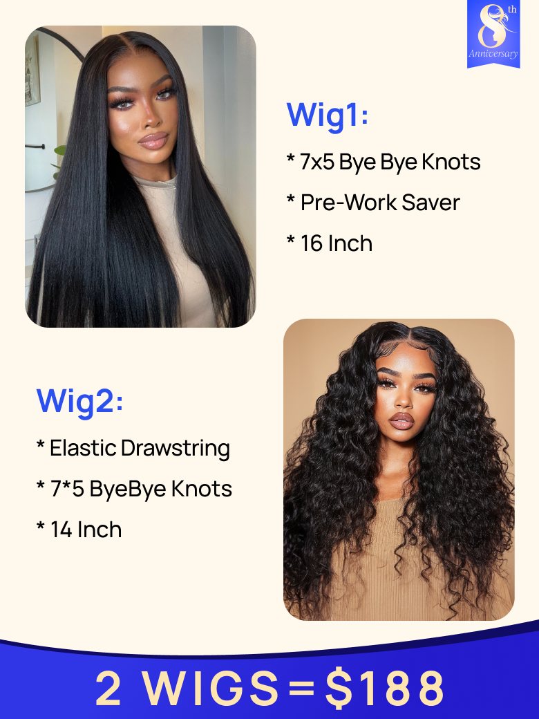 $188=2 Wigs | Nadula 16 Inch 7*5 Byebye Knots Straight Wig & 14 Inch Elastic Drawstring 180% Density 7*5 ByeBye Knots