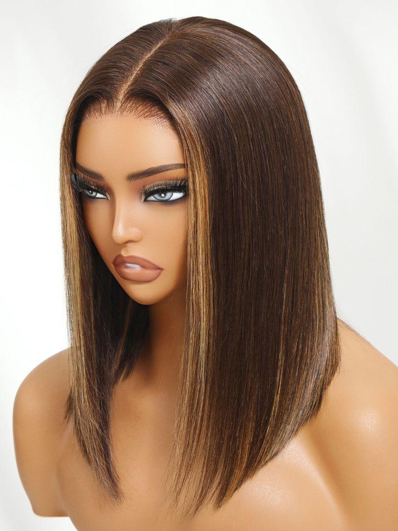 
    Nadula Mocha Brown Highlight Wig 7x5 Bye Bye Knots Pre-Bleached Natural Looking Bob Wig Chocolate Brown with Caramel Highlights