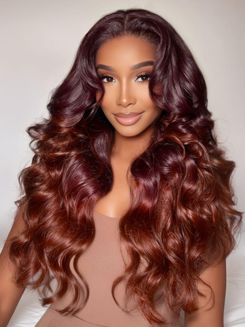 Nadula Deep Auburn Long Layered Wavy Hair 13x4 Pre-everything Loose