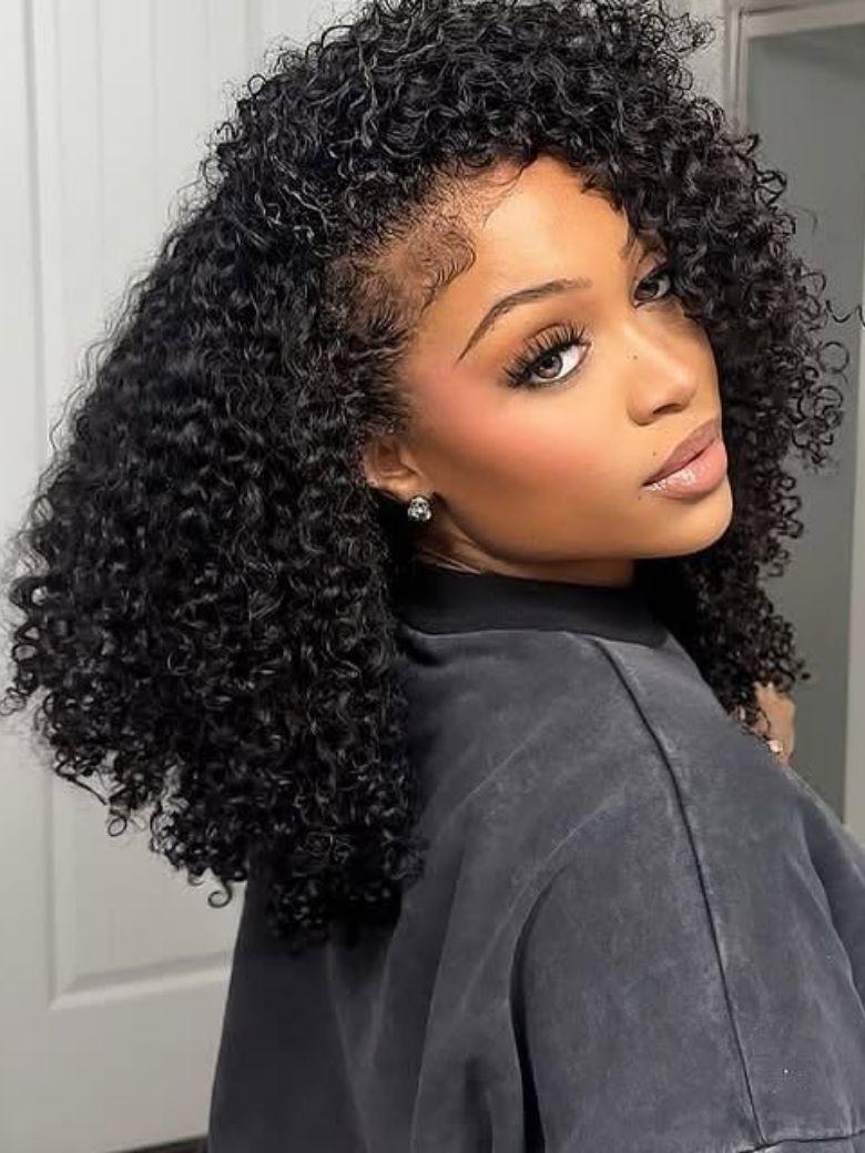 
        Nadula Afro Curly Human Hair 3/4 Half Wig for African American Women150% Density Affordable Kinky Curly Wig for Sale    