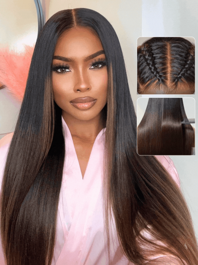 Nadula 7x5 Chestnut Brown Ombre Yaki Straight Bye Bye Knots Wigs with Invisi Drawstring Put On and Go Wig
