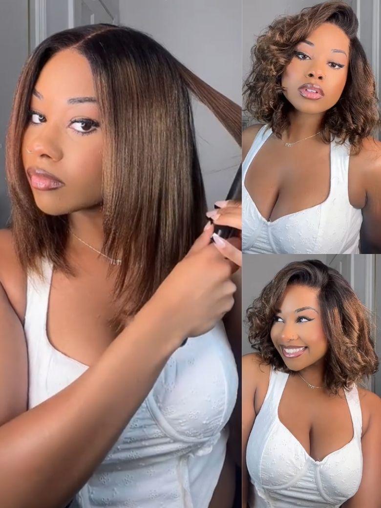 Nadula Flash Sale 7x5 Chestnut Brown Ombre Color Yaki Straight Put On and Go Glueless Human Hair Wigs with Invisi Drawstring