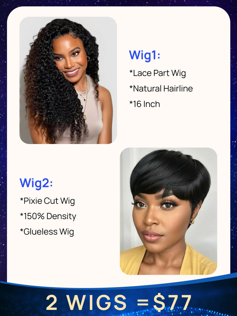 $77=2 Wigs | Nadula 16 Inch Lace Part Curly Wig and Short Easy Install Glueless Wig