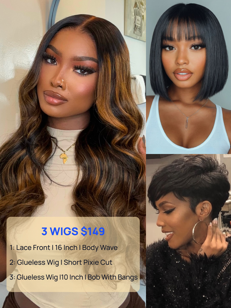 $149=3 Wigs | Nadula Flash Sale 16 Inch Highlight Body Wave Wig And 6 Inch Pixie Cut Bob Wig And 10 Inch Bob Wig With Bang