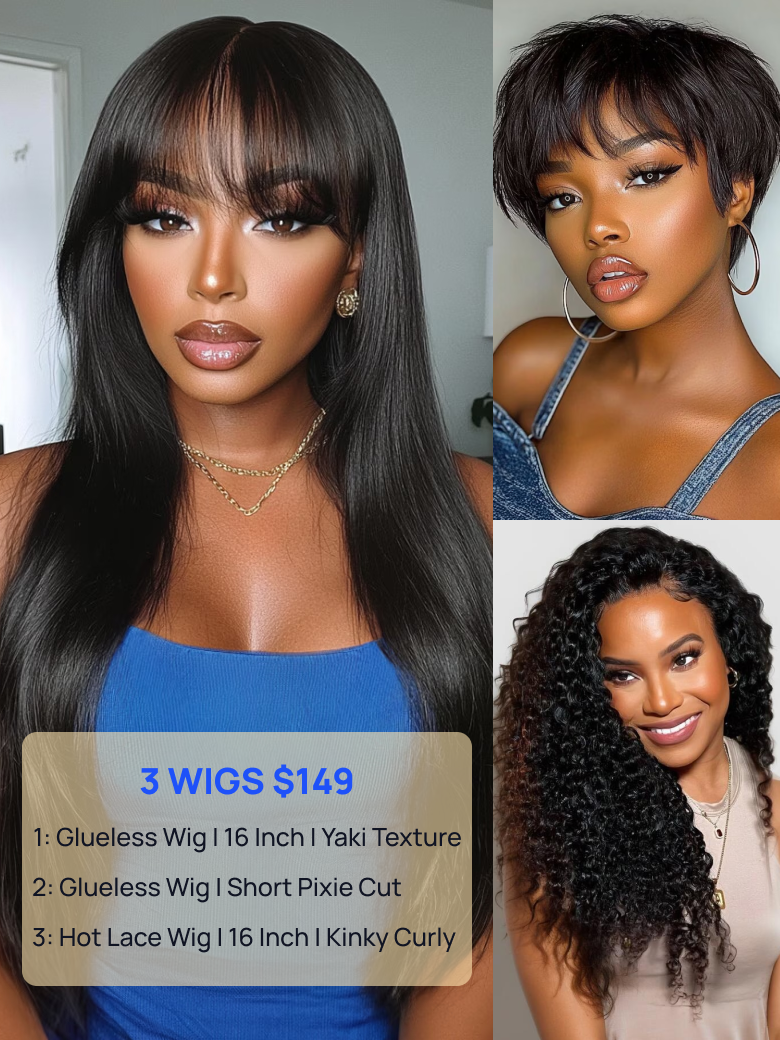$149=3 Wigs | Nadula Flash Sale 16 Inch V Part Kinky Straight And 6 Inch Pixie Cut Bob And 16'' T Part Kinky Curly Hair