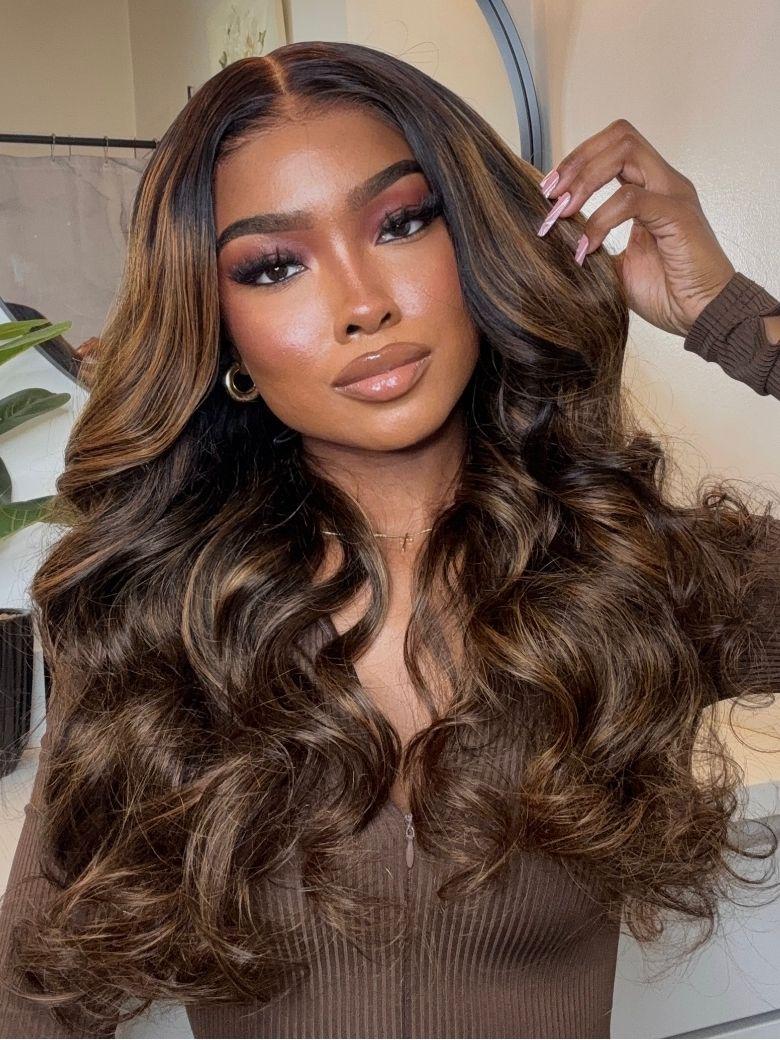 Nadula New V Part Fluffy Silk Press Highlight Balayage Body Wave Lightweight Glueless Human Hair V Part Wigs