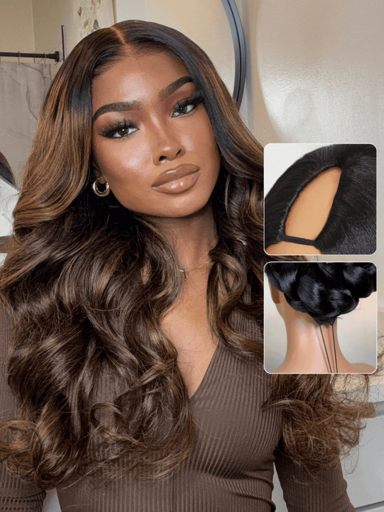 
    Nadula New V Part Fluffy Silk Press Highlight Balayage Loose Body Wave Lightweight Glueless Human Hair V Part Wigs