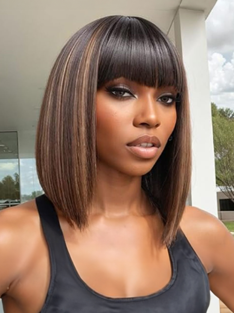 Nadula Flash Sale 2"x4" Yaki Straight Bob Wig with Bangs And 7x5 Byebye Knots Glueless Wig Human Hair Brown Highlight