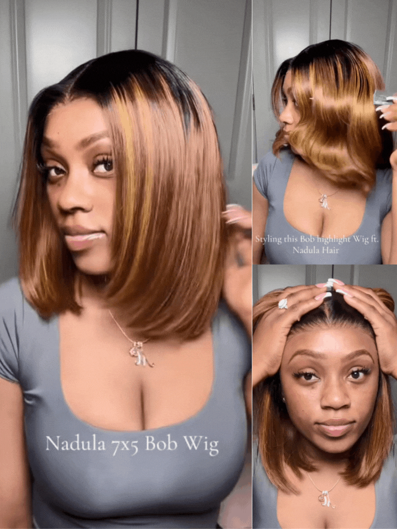 
    Nadula 7x5 Honey Brown Piano Highlight Bob Wig With Dark Roots Put on and Go Wig Invisible Knots Wig