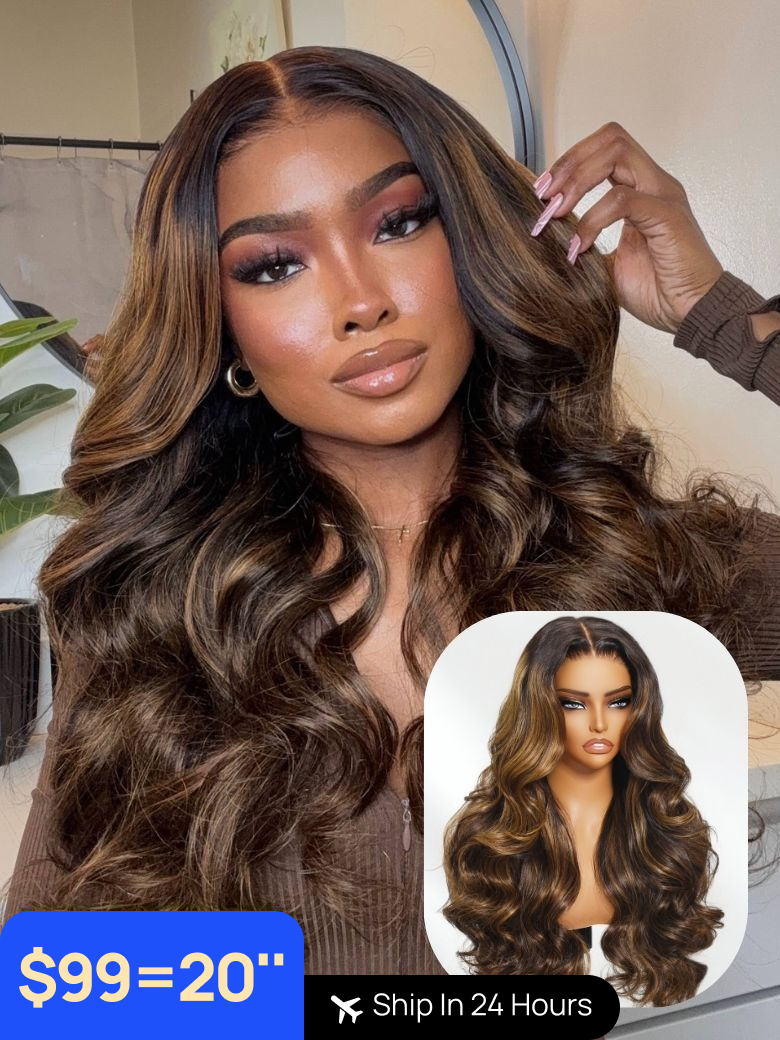 $109=22" 7*5 Bye Bye Knots | Nadula Flash Sale Brown Highlight Body Wave 13*5*0.5 T Part Lace And 7x5 Invisible Lace Glueless Human Hair Wigs