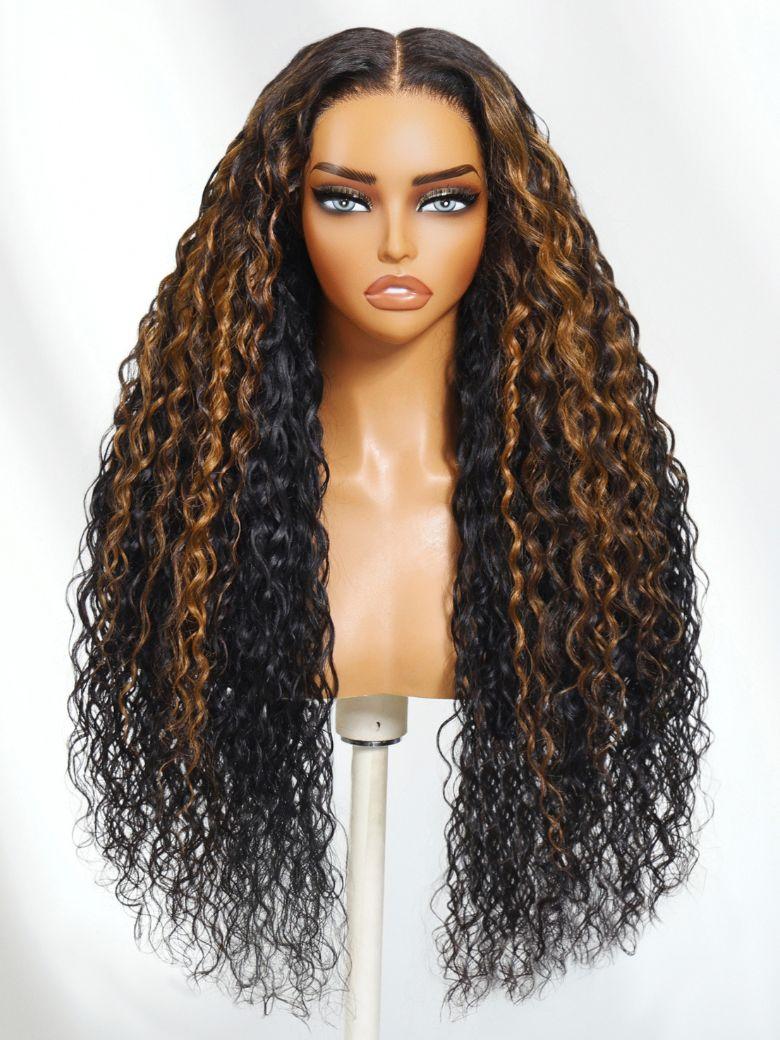 Nadula 7x5 Ombre Brown Highlight Water Wave Bye Bye Knots Wig Put On And Go Glueless Human Hair Wig with Invisible Drawstring