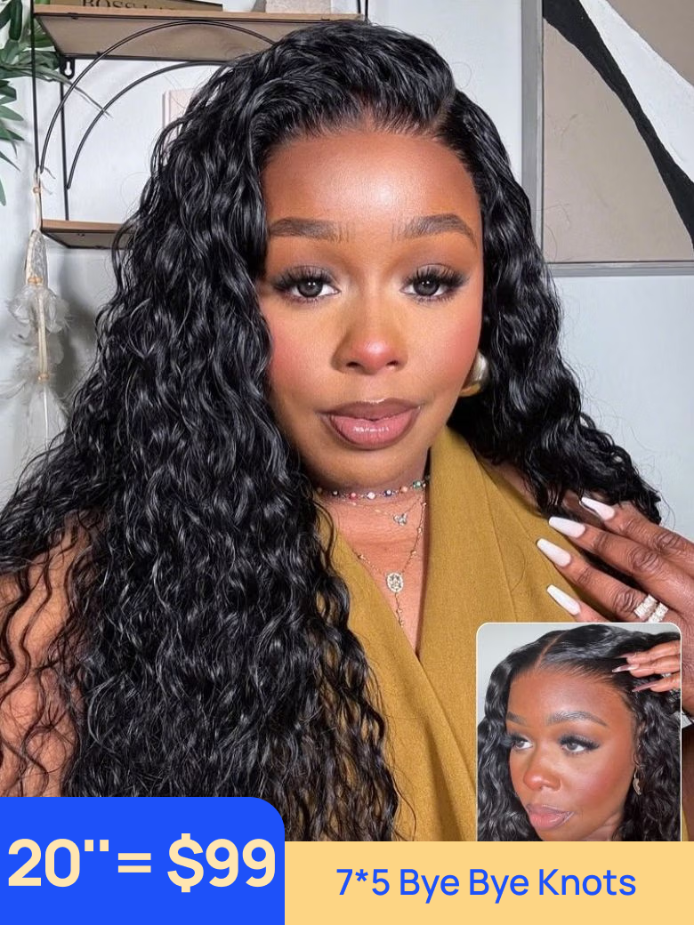Nadula Flash Sale 7x5 Bye Bye Knots Invisible Knots Water Wave with Babyhair Put On and Go Glueless Human Hair Wig 180% Density