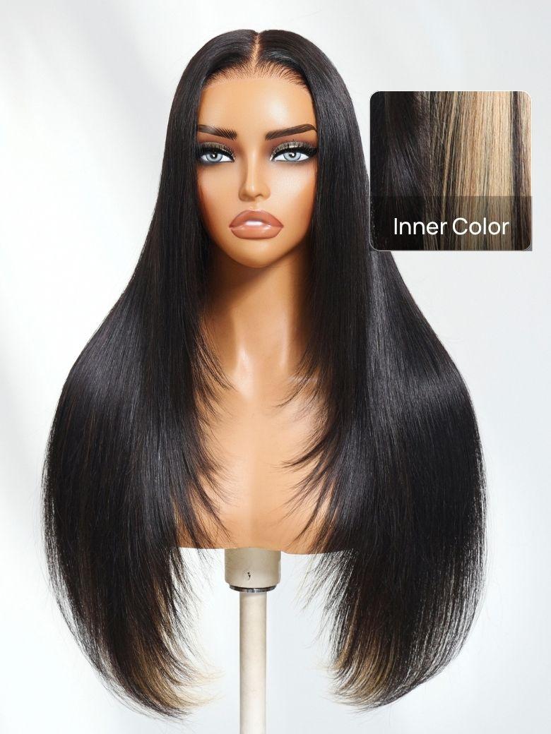 Nadula 7x5 Bye Bye Knots Natural Black with Blonde Peekaboo Highlights Straight Layered Wigs  Put On And Go Glueless Wig with Drawstring