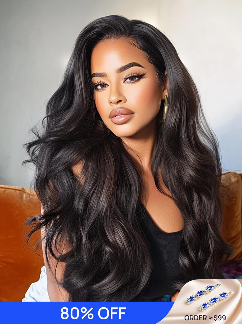 Nadula Flash Sale 13x4 HD Real Scalp Lace Frontal 3D Body Wave Wig with Bangs Put On and Go Wigs with Invisible Drawstring