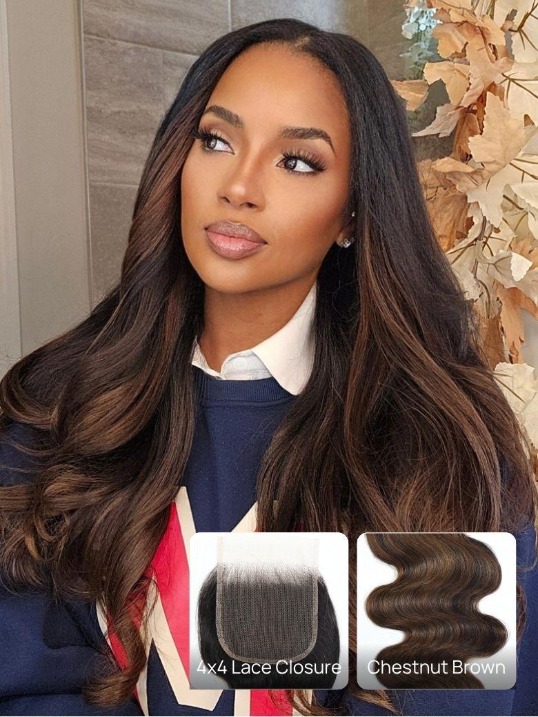 Nadula 1PC Body Wave Chestnut Brown Ombre Color 4x4 Inch Free Part Lace Closure 100% Human Hair