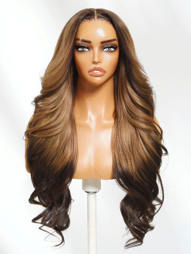 Nadula 13x4 Pre everything Sun-Kissed Brown Ombre Wig Yaki Loose Wave with Face Framing Curtain Bangs Put On And Go Wig with Invisible Drawstring
