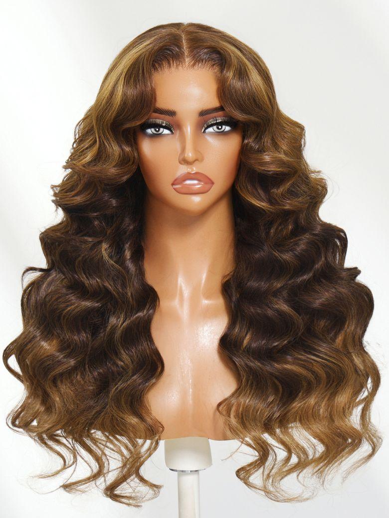 Nadula 13x4 Pre everything Sun-Kissed Balayage Color Beachy Glam Look with Face-Framing Curtain Bangs Put On And Go Wig with Invisible Drawstring