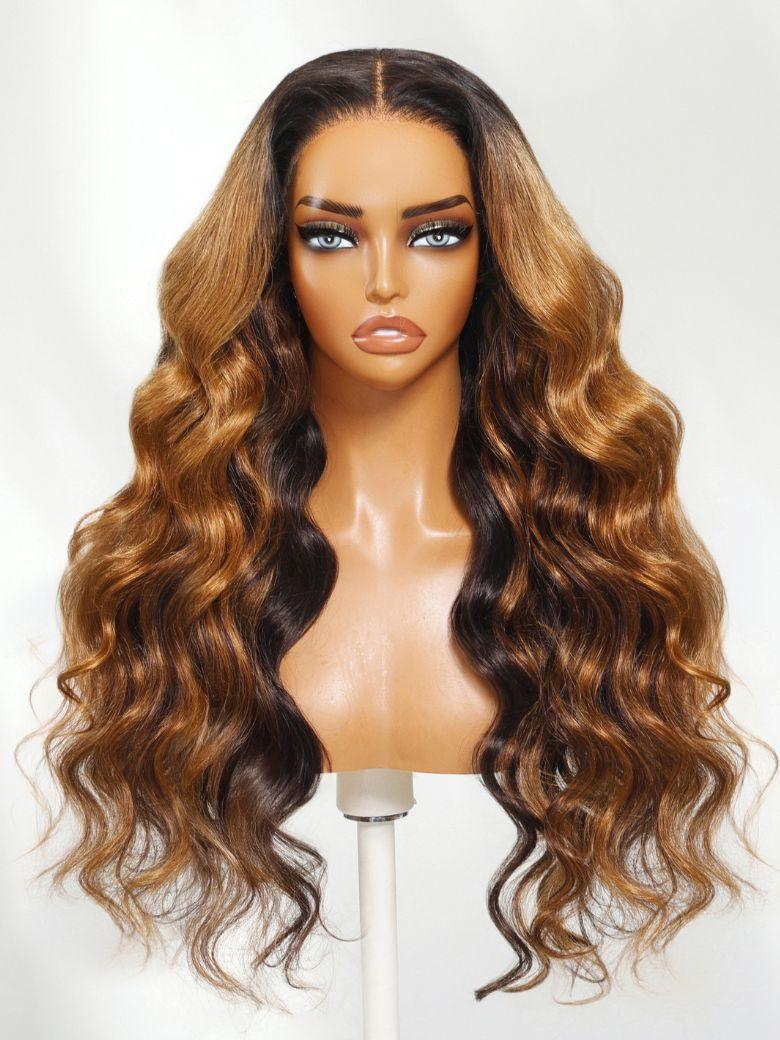 Nadula 13x4 Pre everything Luxury Soft Loose Wave Curls Rich Honey Caramel Ombre with Dark Brown Roots Put On And Go Wig with Invisible Drawstring