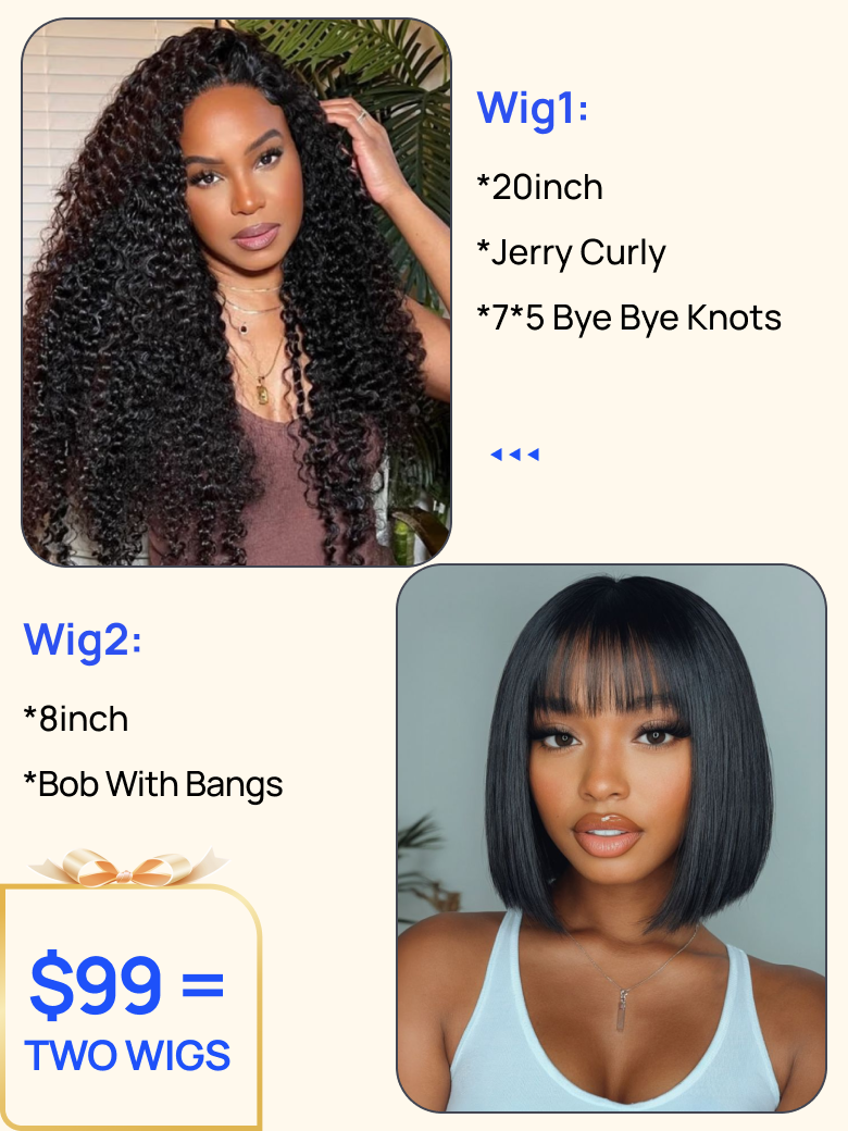 $99=2 Wigs | Nadula Flash Sale 7x5 Byebye Knots Invisible Lace Jerry Curly Hair Wig And Short Bob Wig with Bang Beginner Friendly