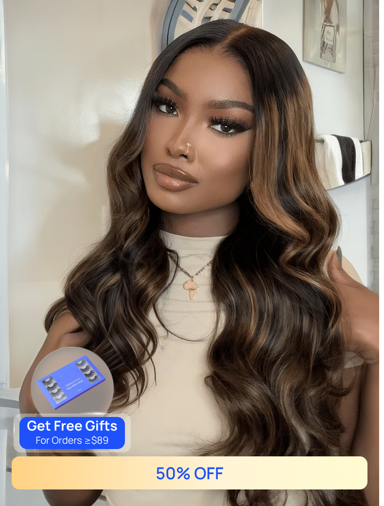 
    Nadula Flash Sale Highlight Balayage Body Wave Invisible Lace Put On And Go Human Hair Wigs with Drawstring