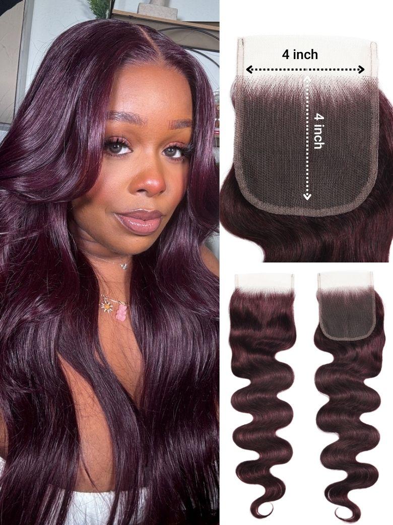Nadula 1PC Body Wave Burgundy Plum Color 4x4 Inch Free Part Lace Closure 100% Human Hair3