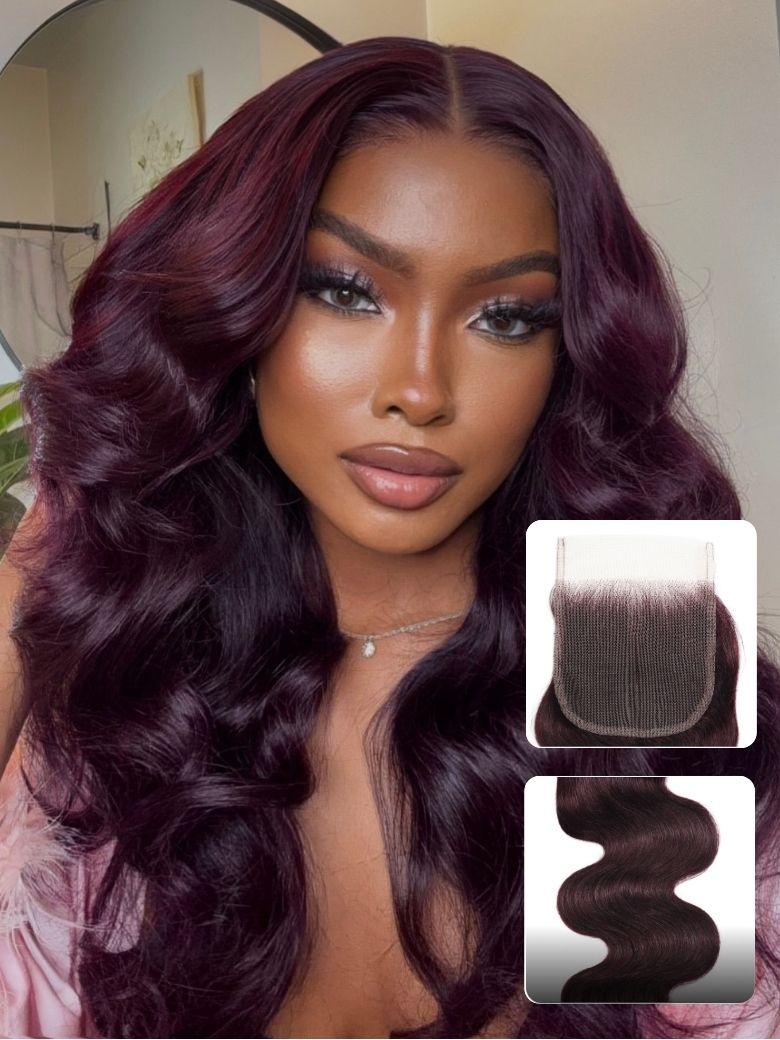 Nadula 1PC Body Wave Burgundy Plum Color 4x4 Inch Free Part Lace Closure 100% Human Hair