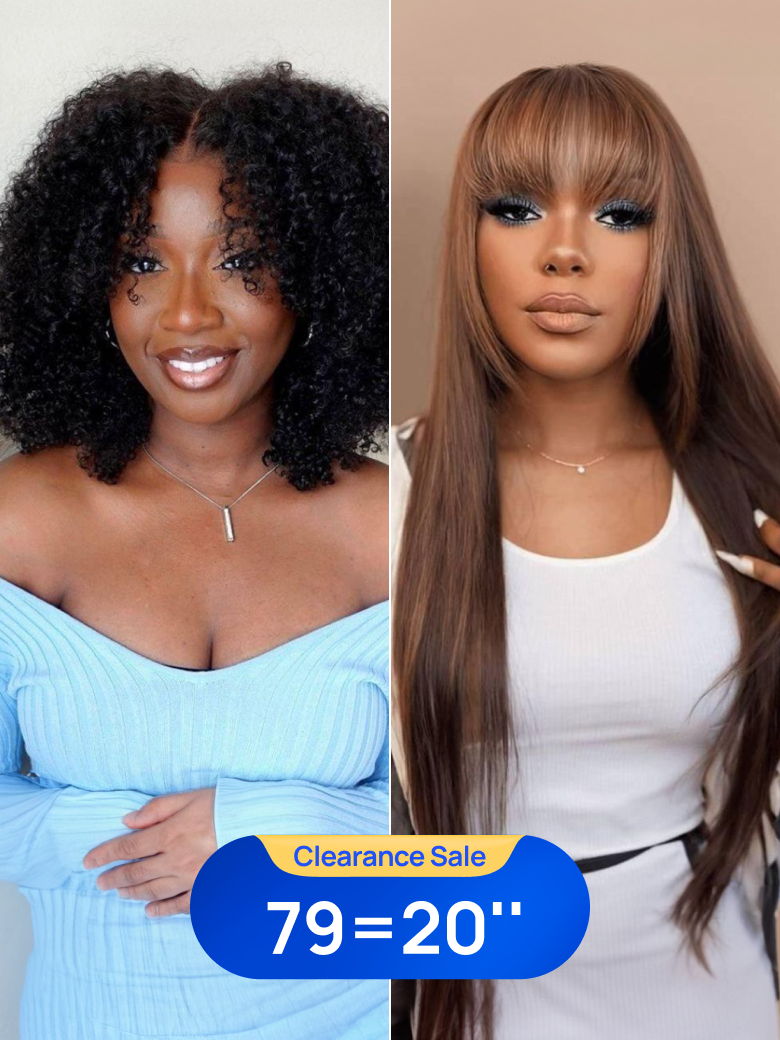 $79=20'' | Nadula Flash Sale 20 Inch Yaki Straight Wig with Bangs And 20 Inch 7x5 Byebye Knots Jerry Curly Glueless Human Hair Wigs