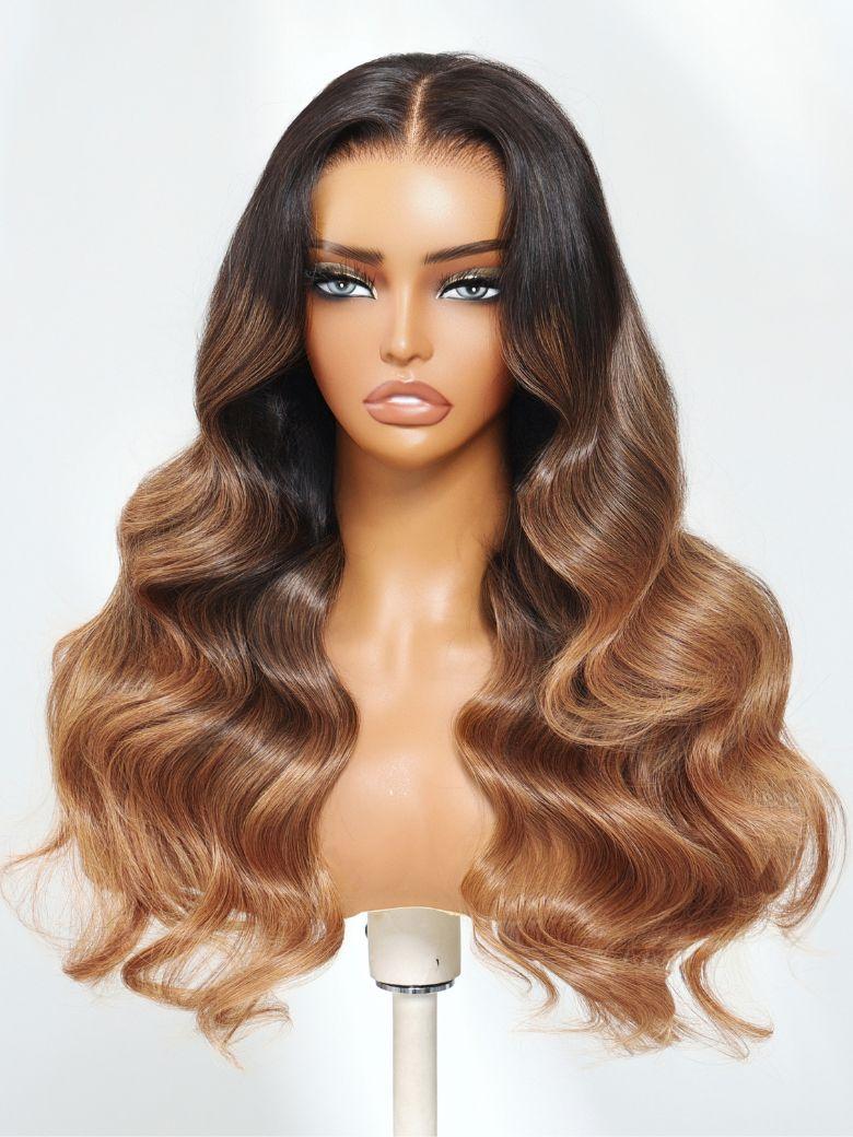 Nadula 13x4 Golden Caramel Balayage Black to Copper Brown Two Toned Loose Wave Curls Put On And Go Wig with Invisible Drawstring