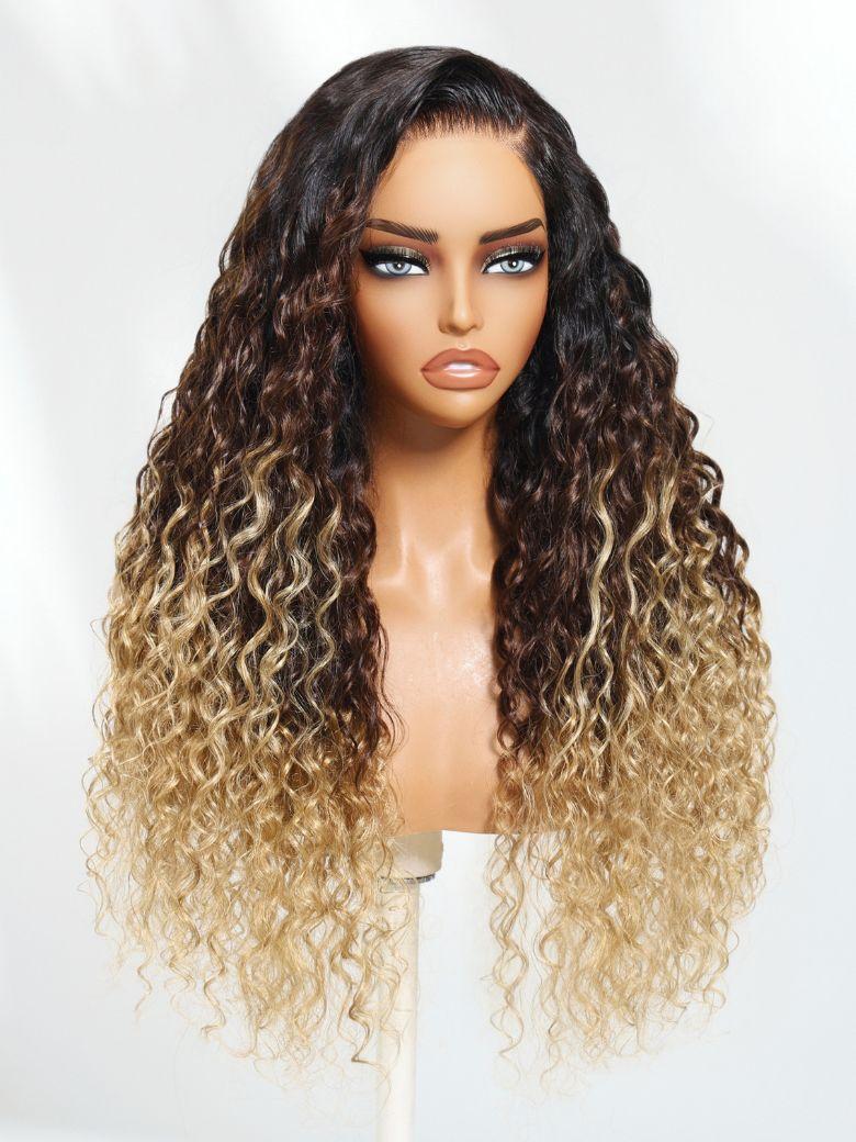 Nadula 7x5 Byebye Knots Wig Ombre Brown to Blonde Water Wave Wig With Dark Roots Put On And Go Wig with Invisible Drawstring