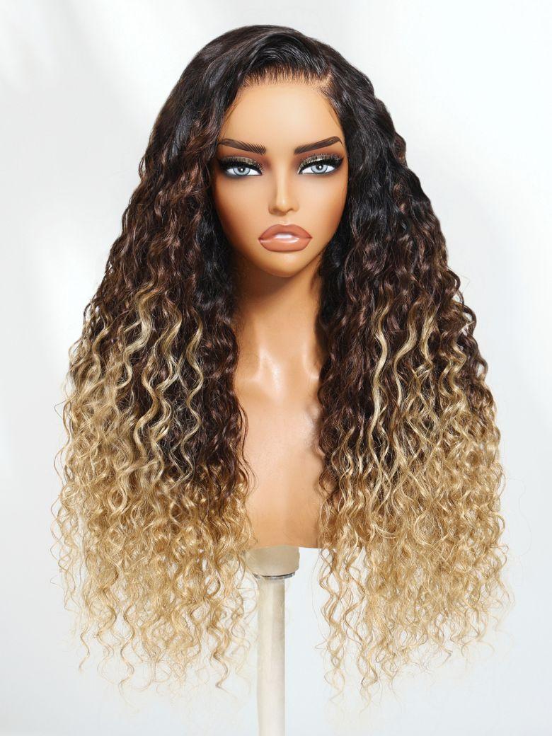 Nadula 7x5 Byebye Knots Wig Ombre Brown to Blonde Water Wave Wig With Dark Roots Put On And Go Wig with Invisible Drawstring