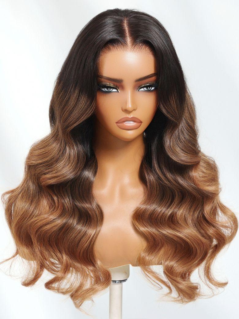 Nadula 13x4 Golden Caramel Balayage Black to Copper Brown Two Toned Loose Wave Curls Put On And Go Wig with Invisible Drawstring