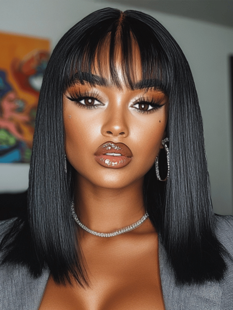 Nadula Flash Sale 2"x4" Yaki Straight Bob Wig with Bangs Lace Part Glueless Wig Human Hair Put On And Go