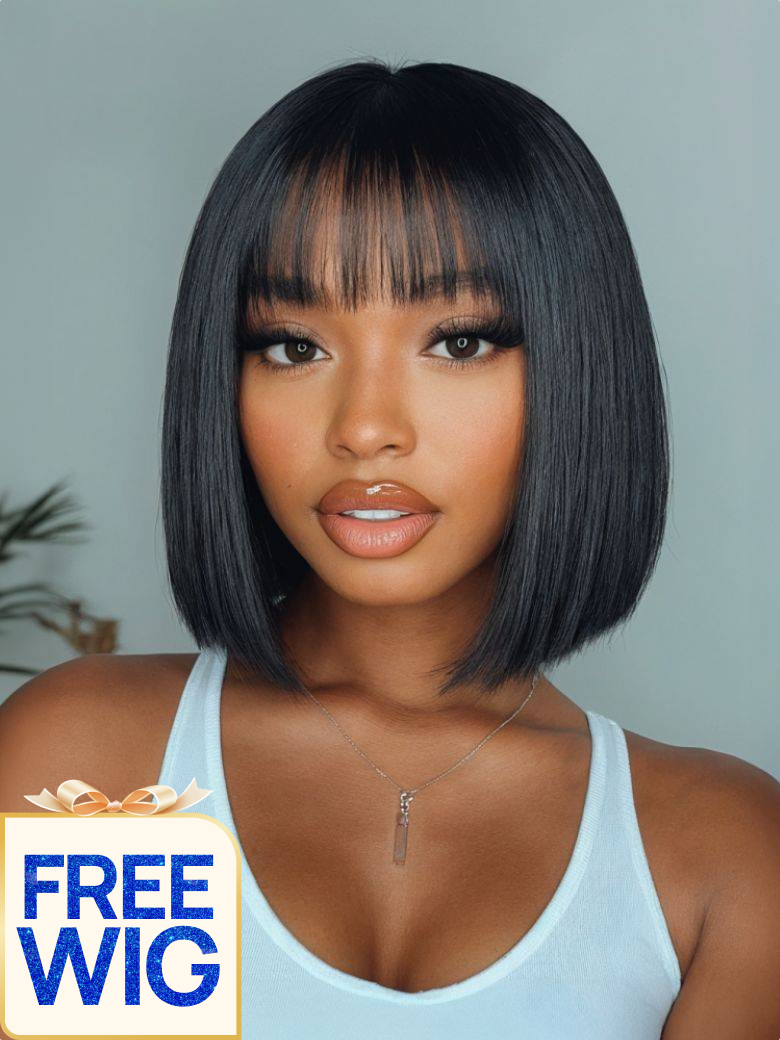 Nadula Free Gift 8 Inch Human Hair Bob Wig With Bangs For Order Over $199