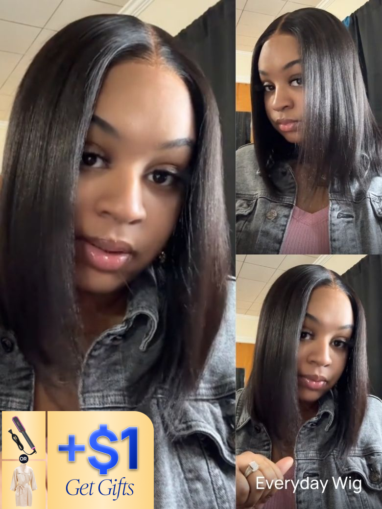 $1 Get Free Gift | Nadula 7x5 Pre Cut Lace Yaki Straight Bob Wig Put On and Go Wig With Drawstring