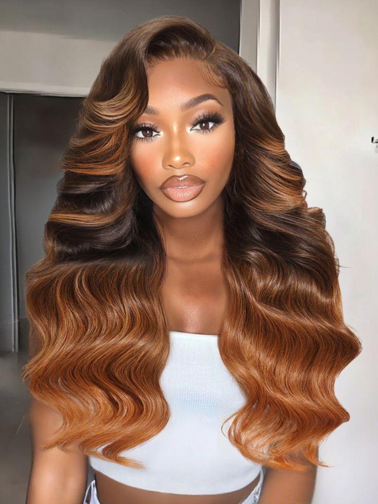 Nadula 13x4 Pre everything Dark Brown with Auburn Highlights Soft Loose Wave Curls Put On And Go Wig with Invisible Drawstring