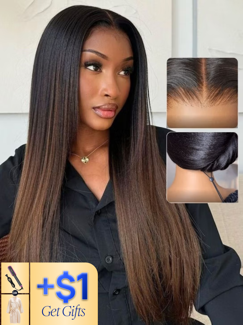 $1 Get Gift | Nadula Flash Sale 7x5 Bye Bye Knots Chestnut Brown Ombre Color Yaki Straight Put On and Go Glueless Human Hair Wigs