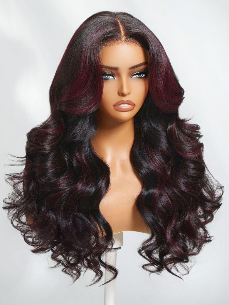 Nadula 13x4 Pre everything™ Black Cherry Highlights Face-Framing Layers Soft Loose Wave With Curtain Bangs Hair with Drawstring3