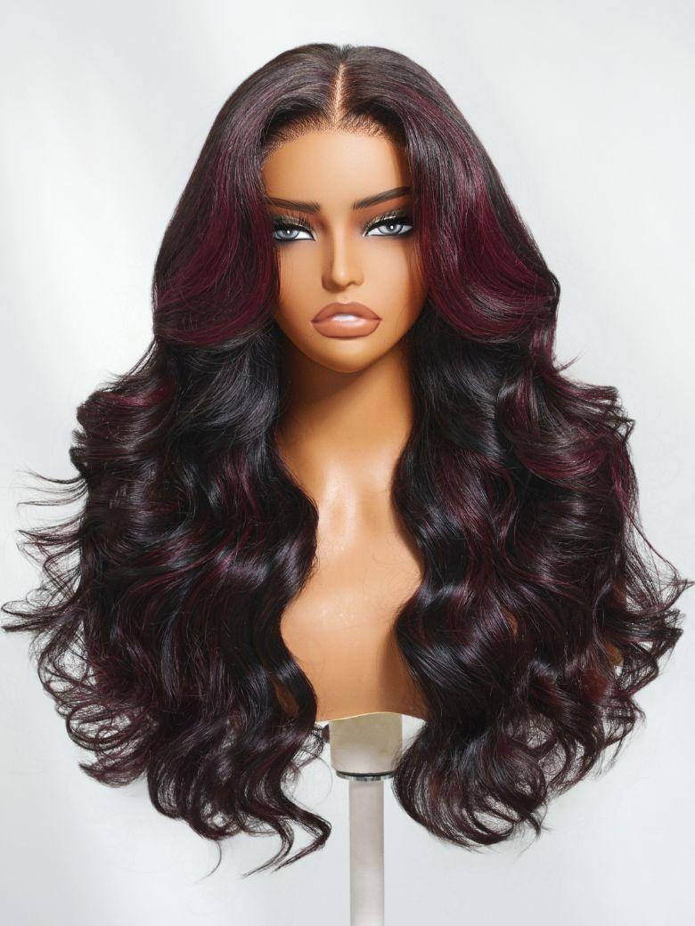 Nadula 13x4 Pre everything™ Black Cherry Highlights Face-Framing Layers Soft Loose Wave With Curtain Bangs Hair with Drawstring