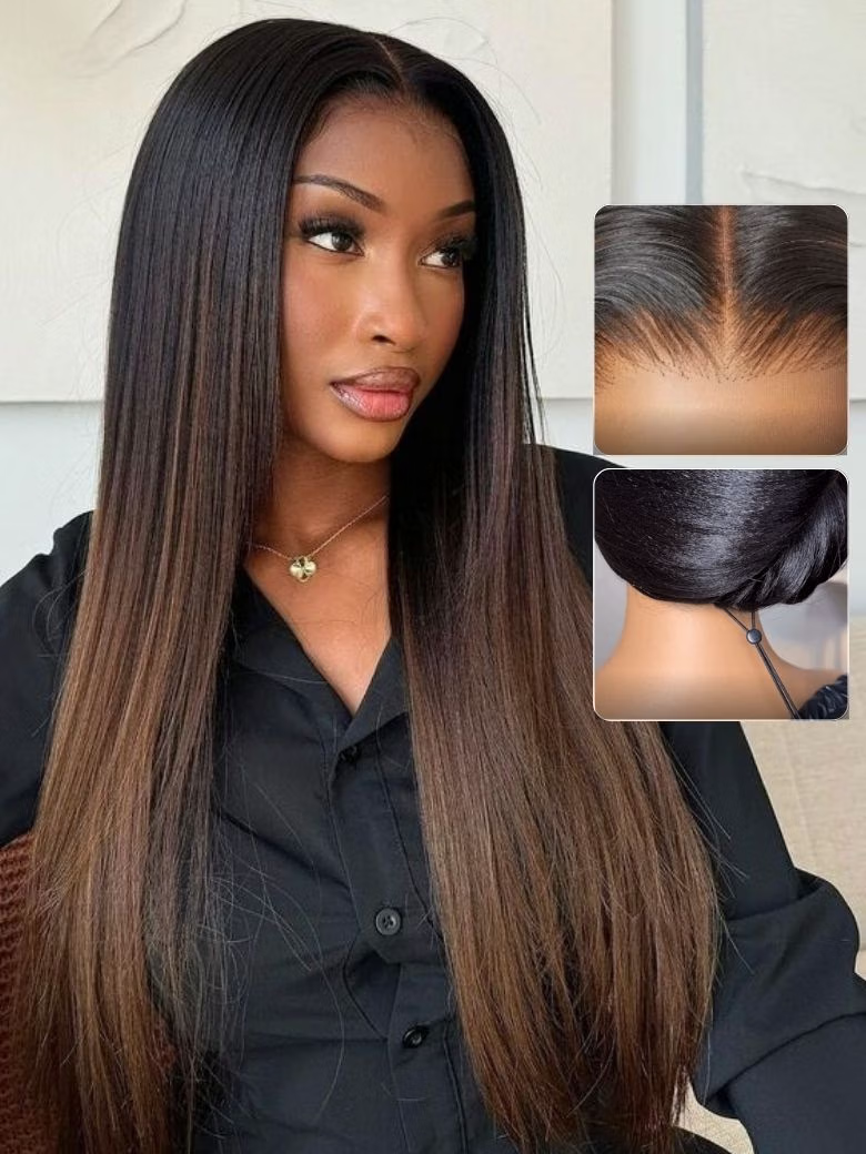 Nadula Yaki Straight Chestnut Brown Ombre Color Put On and Go Wig Byebye Knots With Drawstring